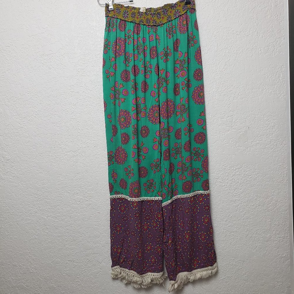 Natural Life floral Wide Leg Relaxed Pants with Fringe Hem